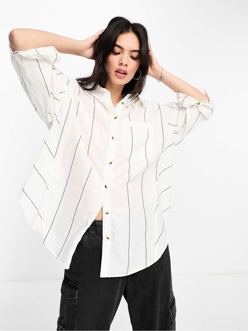 We The Free Happy Hour Stripe Top in Ivory (White and Black) Button Up Overszd L
